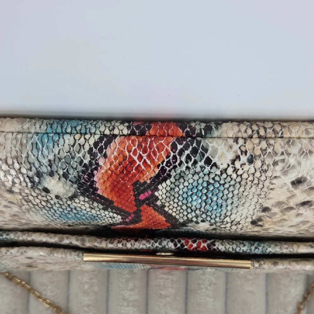 Snake-Print Clutch with Gold Chain - Multicolor